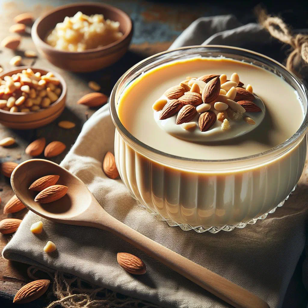 Creamy Tunisian zgougou pudding topped with roasted pine nuts in a small bowl