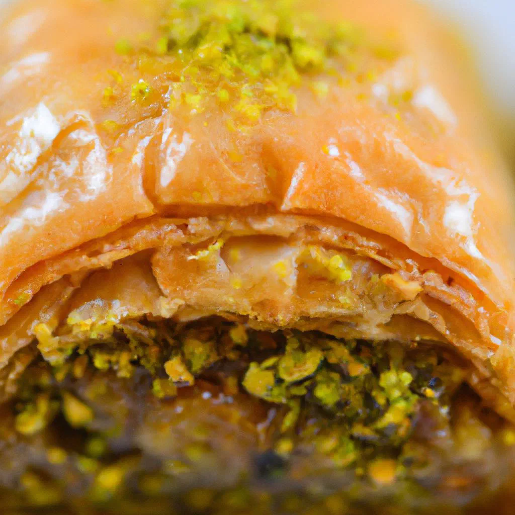 Golden layered baklava drizzled with honey and topped with chopped pistachios
