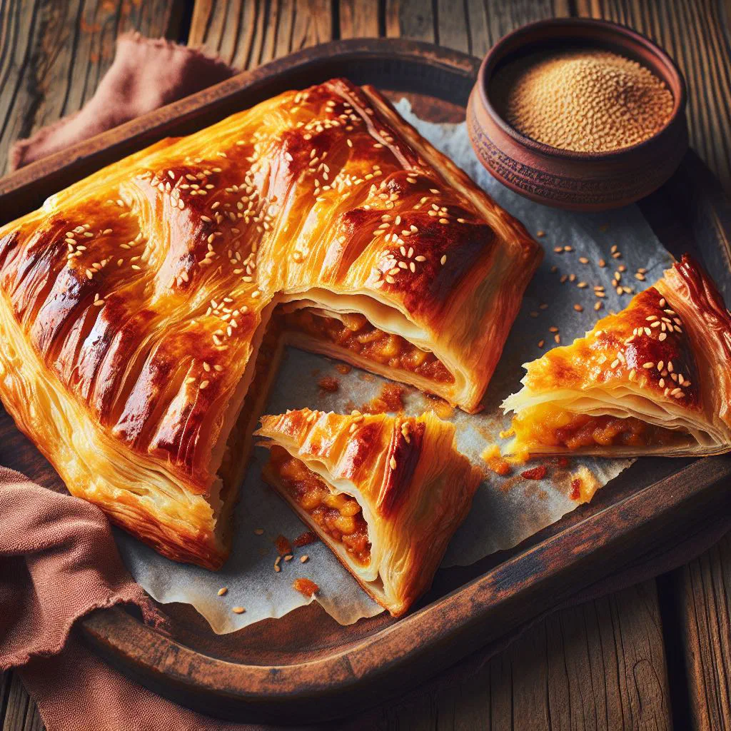 Golden baked Turkish börek with a crisp pastry crust and sesame topping