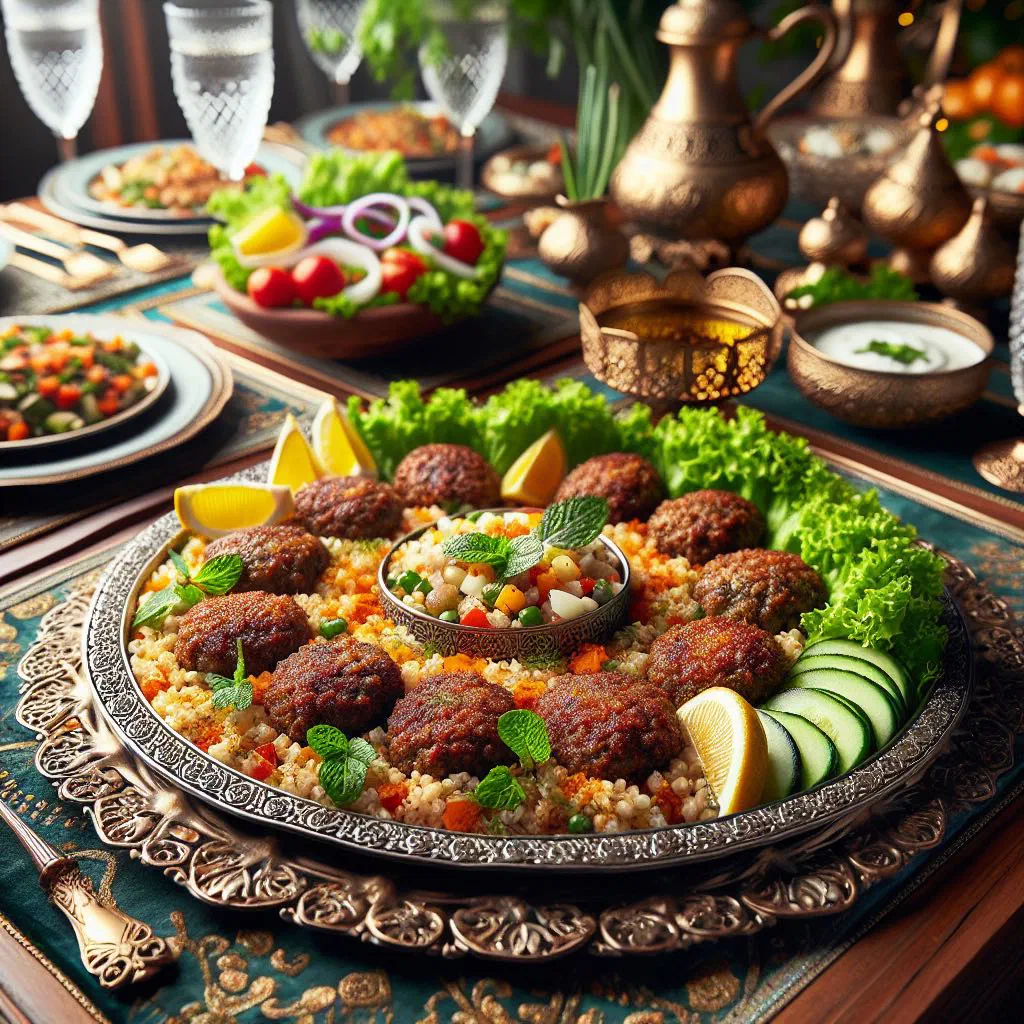 Spiced bulgur çiğ köfte rolls served with lemon wedges and fresh herbs