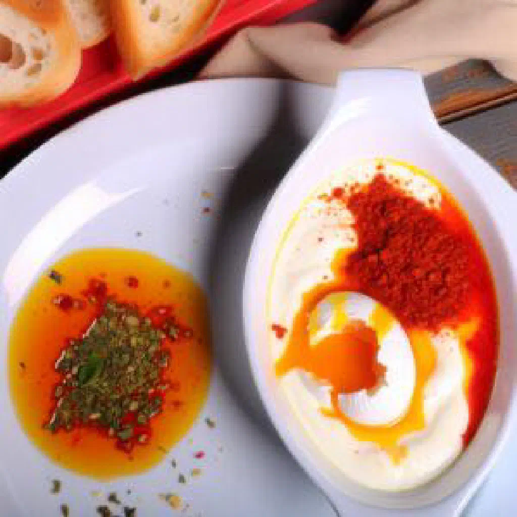 Poached eggs over garlicky yoghurt drizzled with paprika butter
