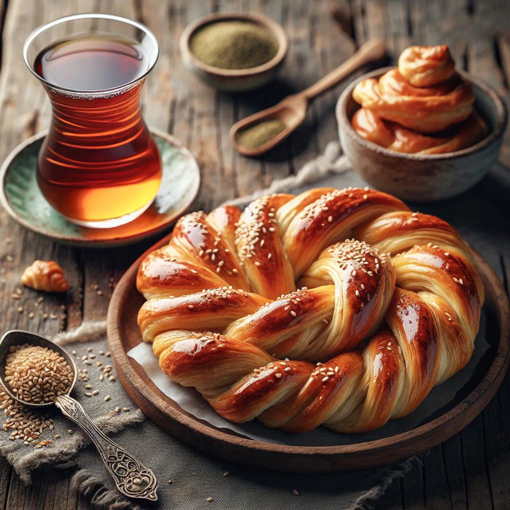 Golden baked Turkish çörek with a soft, fluffy crumb