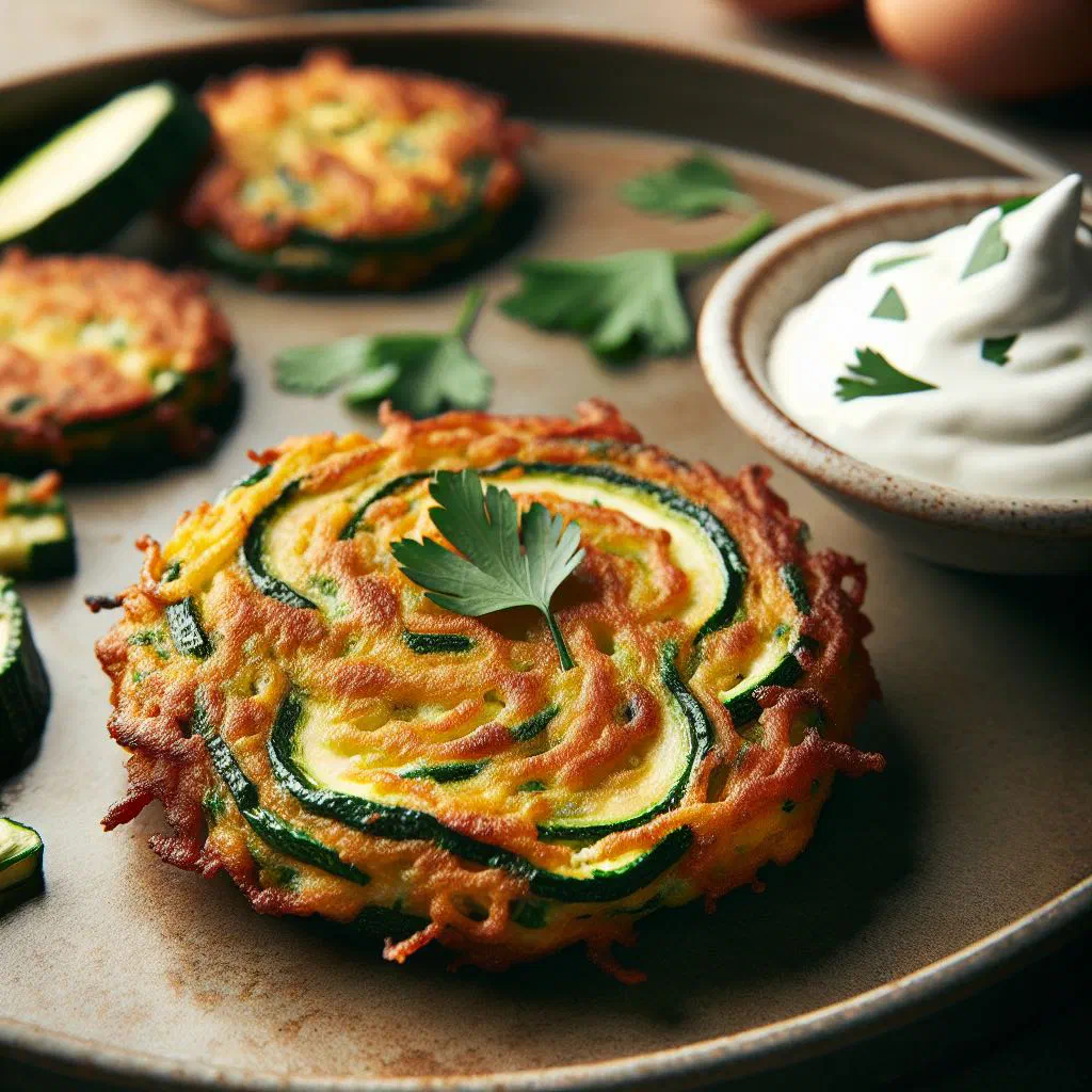 Golden Turkish courgette fritters served with a herb yoghurt dip