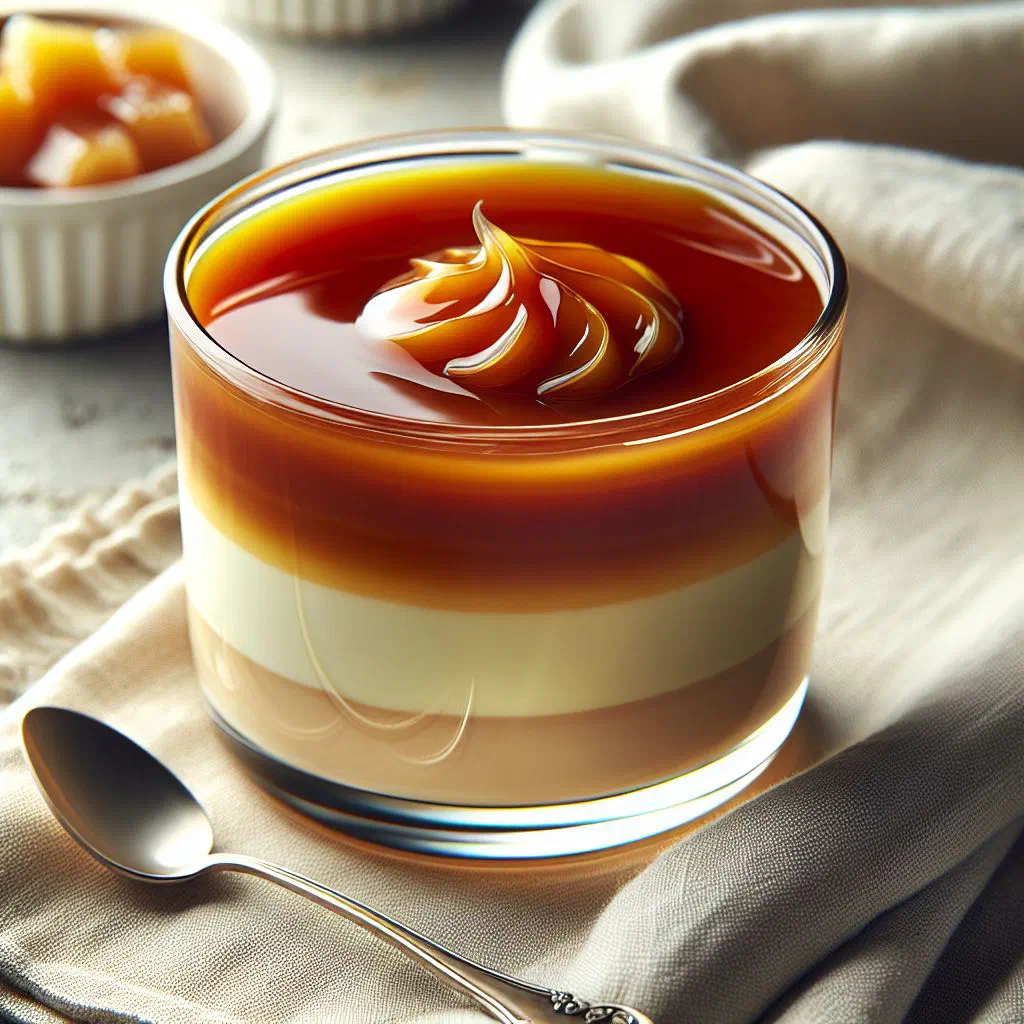 Turned-out crème caramel glistening with golden caramel sauce