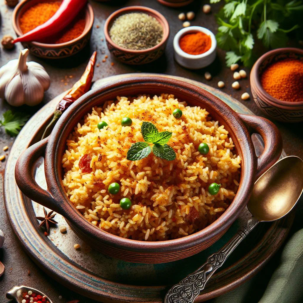 A bowl of Turkish dövme pilavı rice with tender meat and herbs