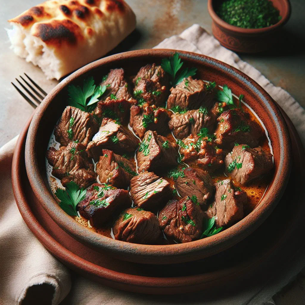 Oven-baked Fırın Kebabı with tender spiced lamb and onions served with flatbread