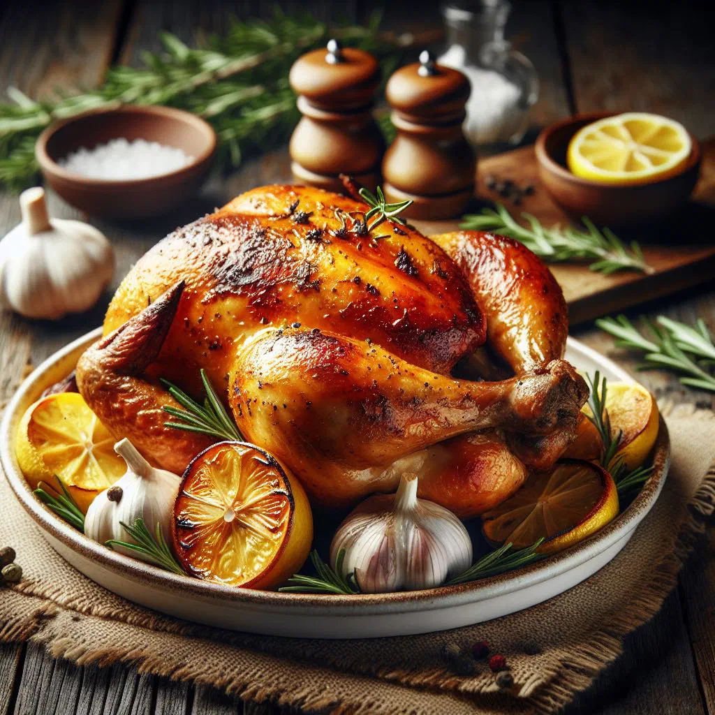 Golden oven-roasted chicken with vegetables and fresh herbs