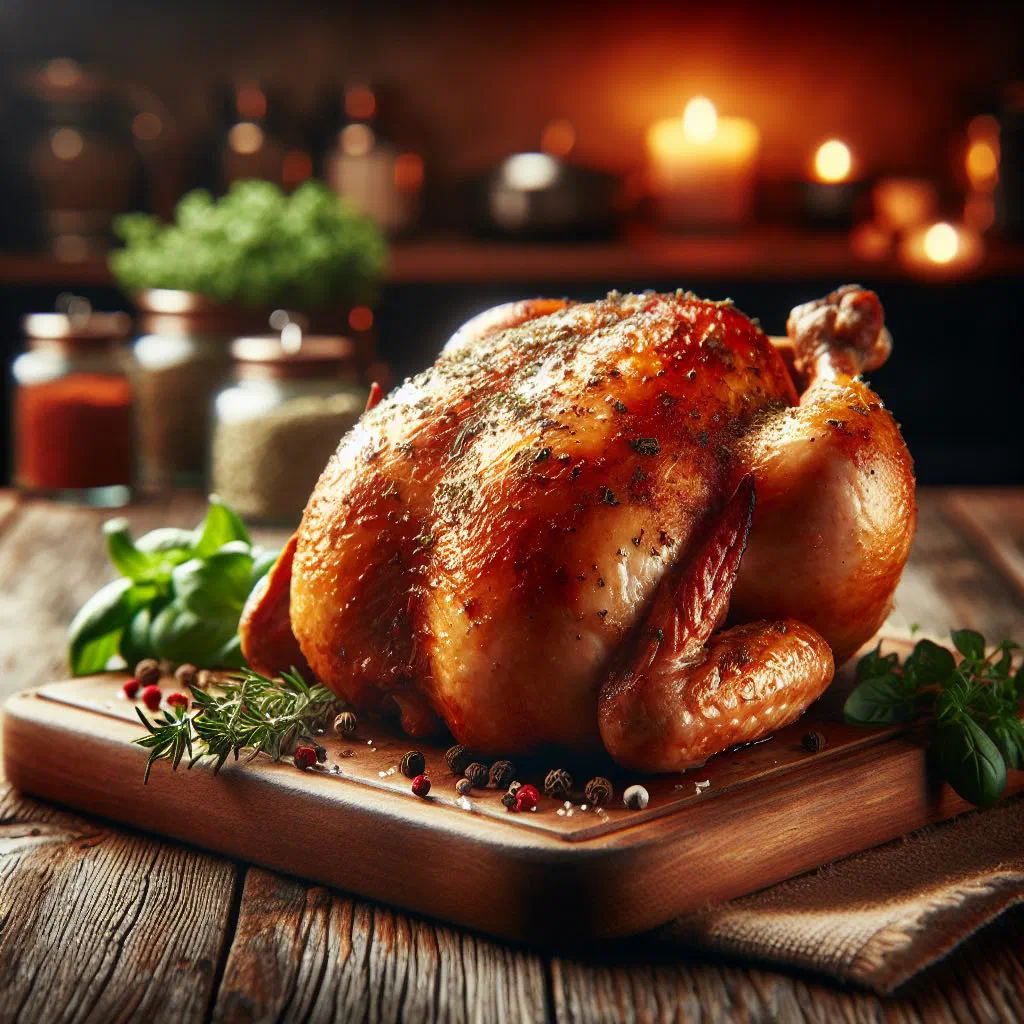 Golden roasted chicken with potatoes and carrots in a baking dish