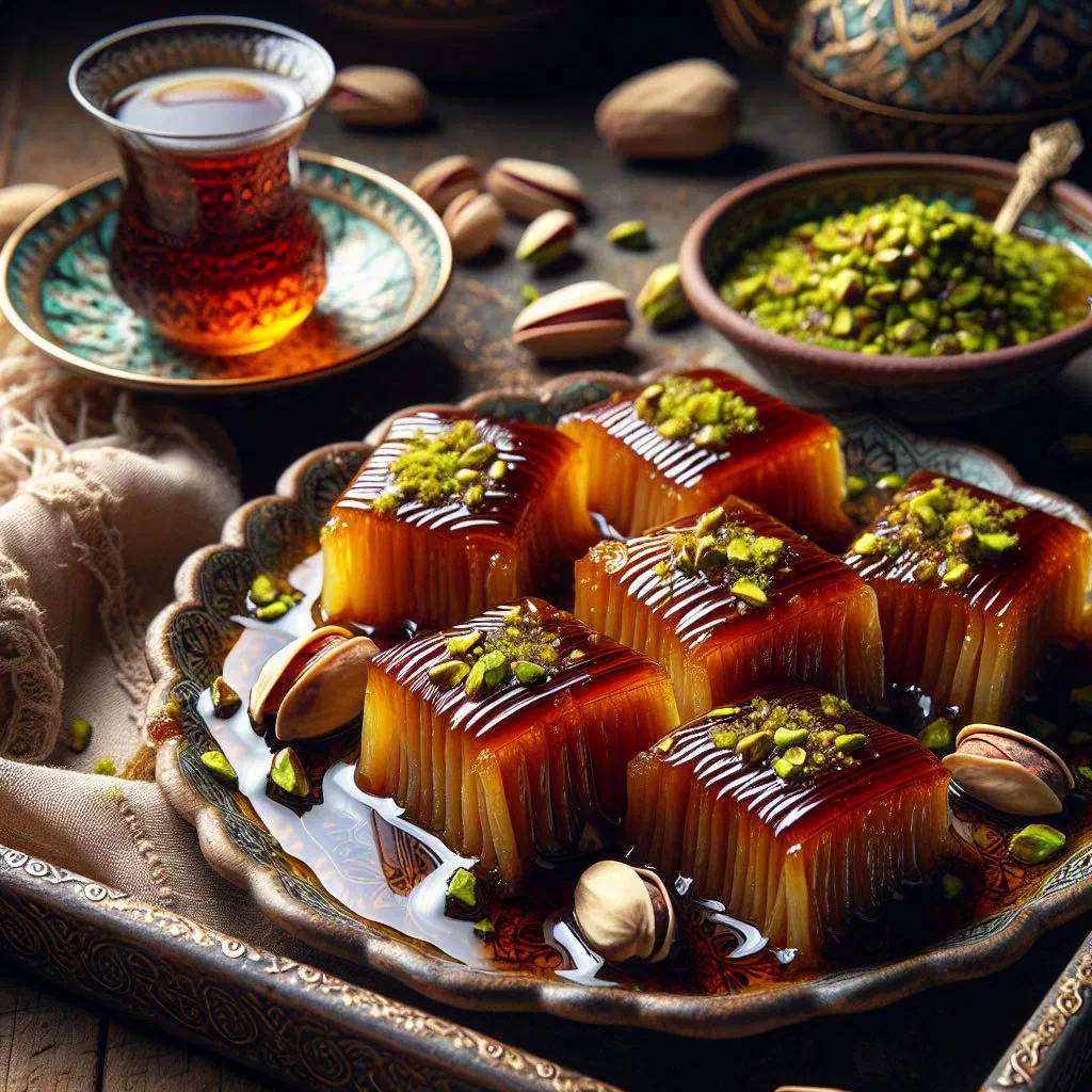 Golden rolled Gerdan Tatlısı pastries soaked in syrup and topped with nuts