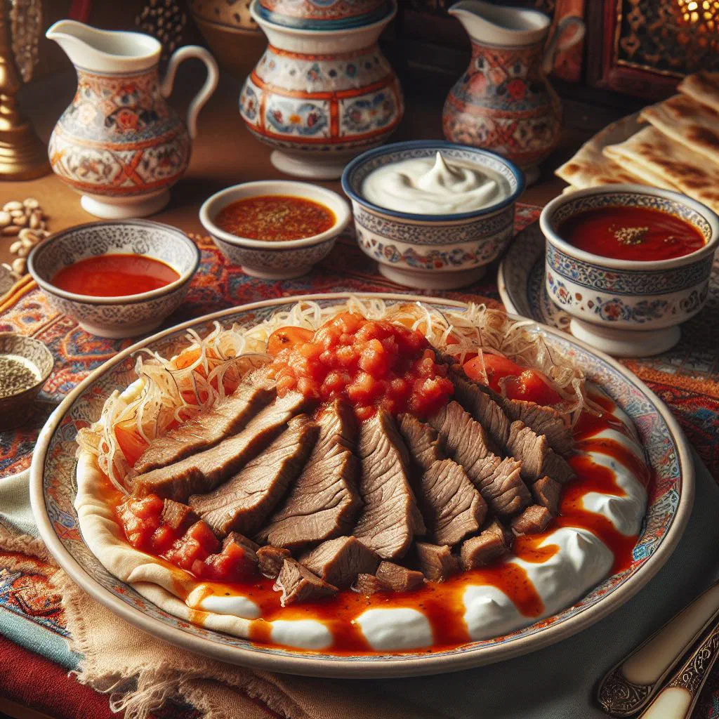 Iskender kebab with sliced lamb over flatbread, tomato sauce and a dollop of yoghurt