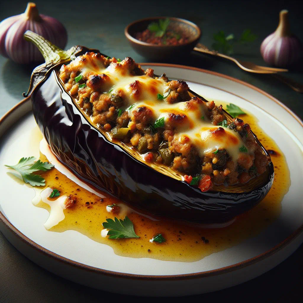 Karnıyarık stuffed aubergines filled with spiced minced meat and tomato