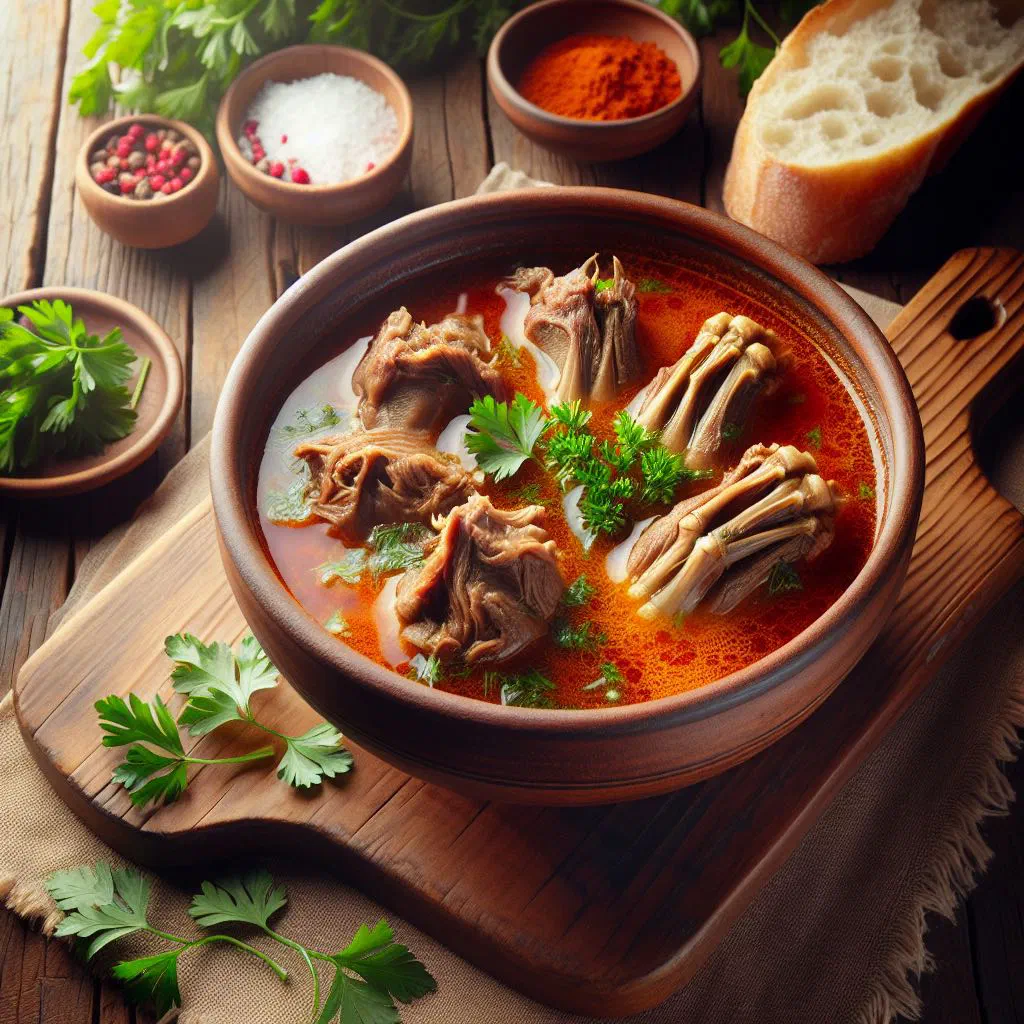 A steaming bowl of Kelle Paça Çorbası garnished with fresh herbs and lemon
