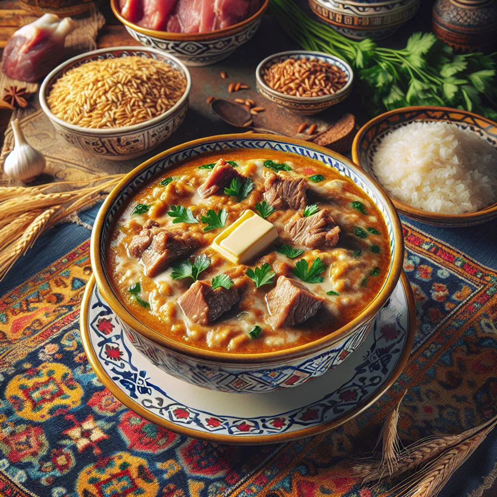 Bowl of creamy keşkek made with cracked wheat and shredded meat, garnished with parsley