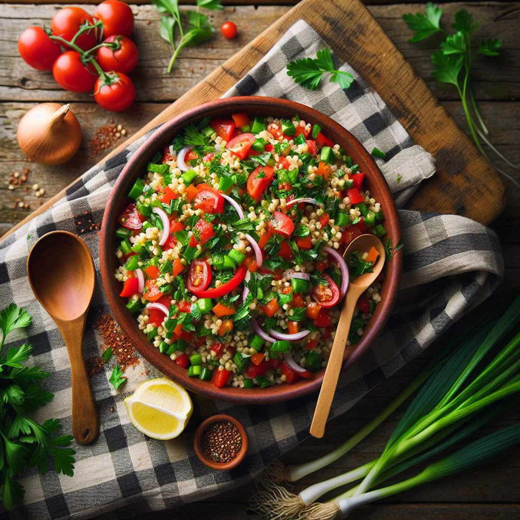A bowl of Turkish kısır bulgur salad with parsley, tomato and lemon