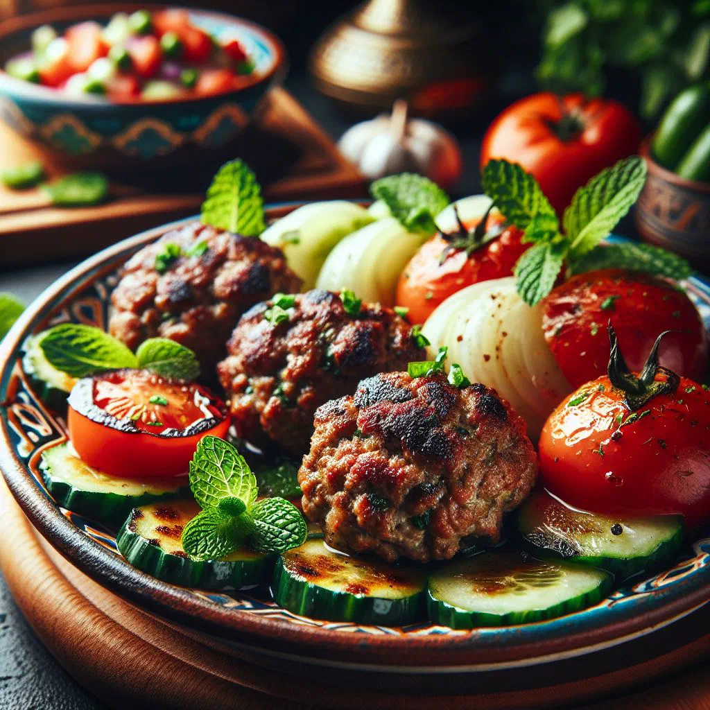 Spiced Turkish köfte meatballs served with fresh herbs
