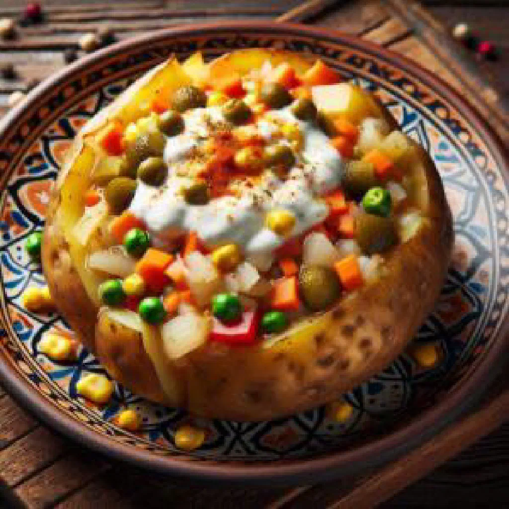 Loaded Turkish kumpir baked potato with cheese, corn, olives and pickles