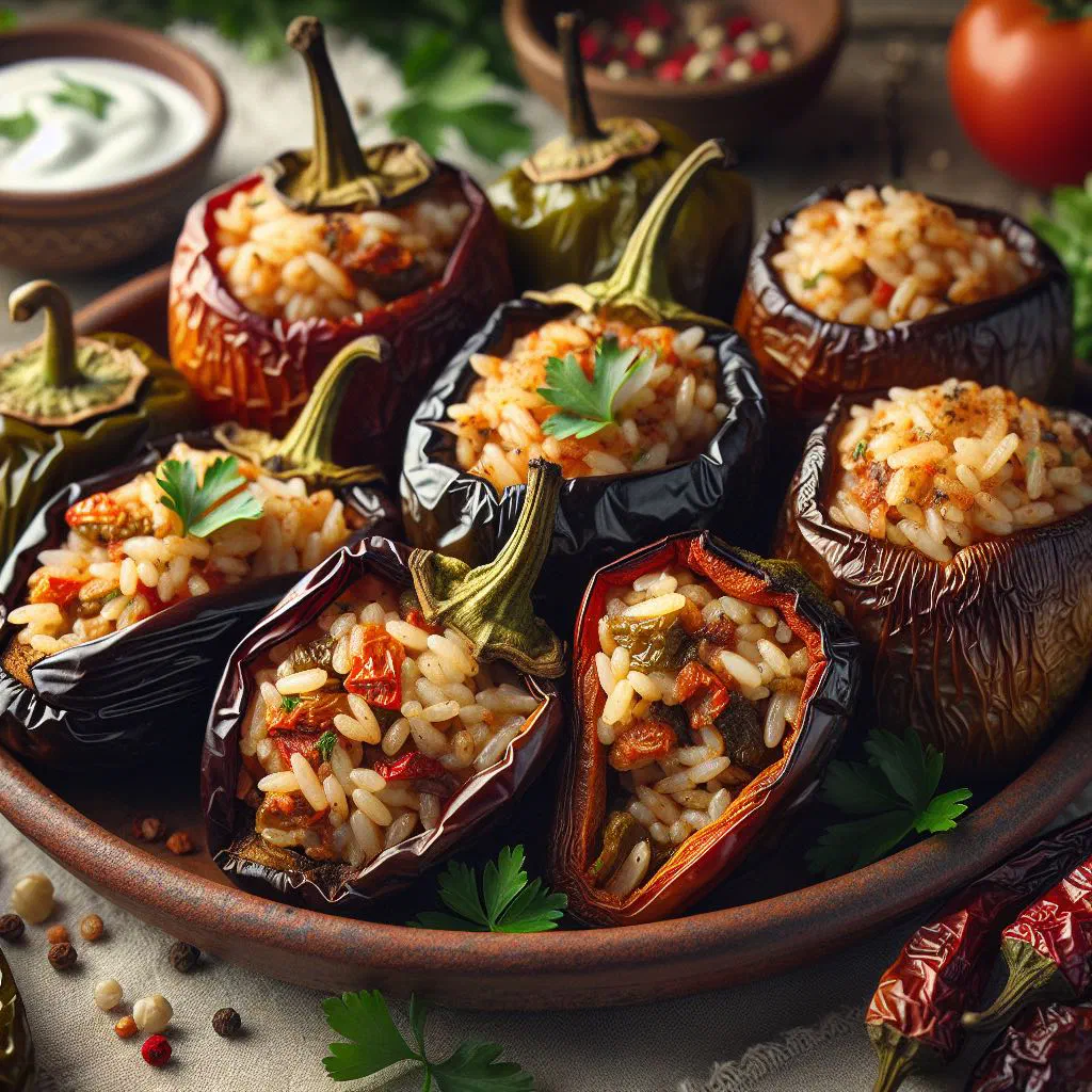 Kuru dolma stuffed vine leaves arranged on a plate with fresh herbs