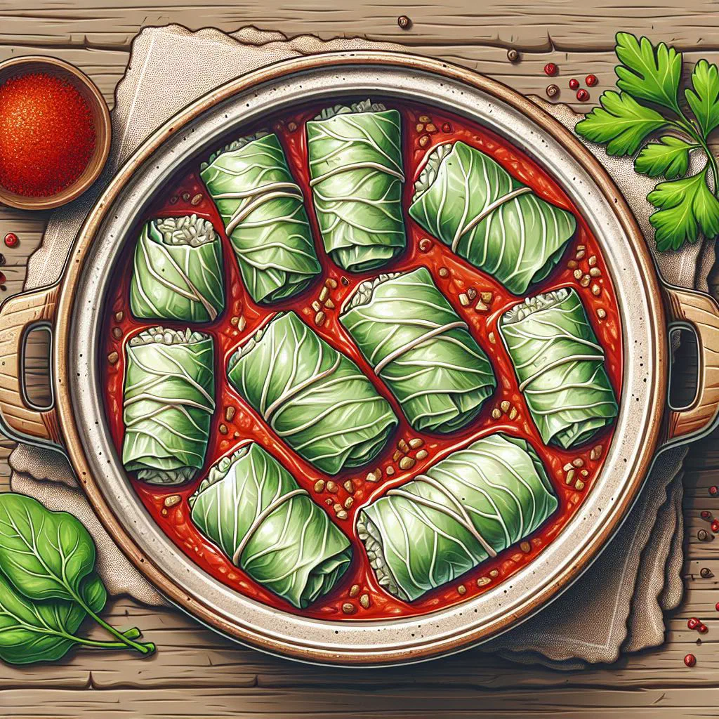 Turkish stuffed cabbage rolls simmered in tomato sauce, garnished with herbs