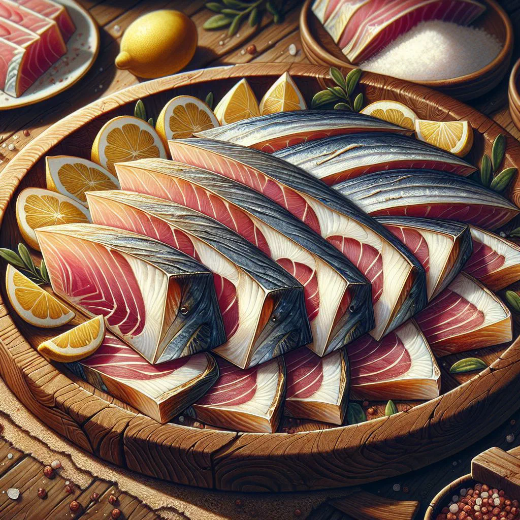 Slices of cured lakerda fish drizzled with olive oil and garnished with parsley