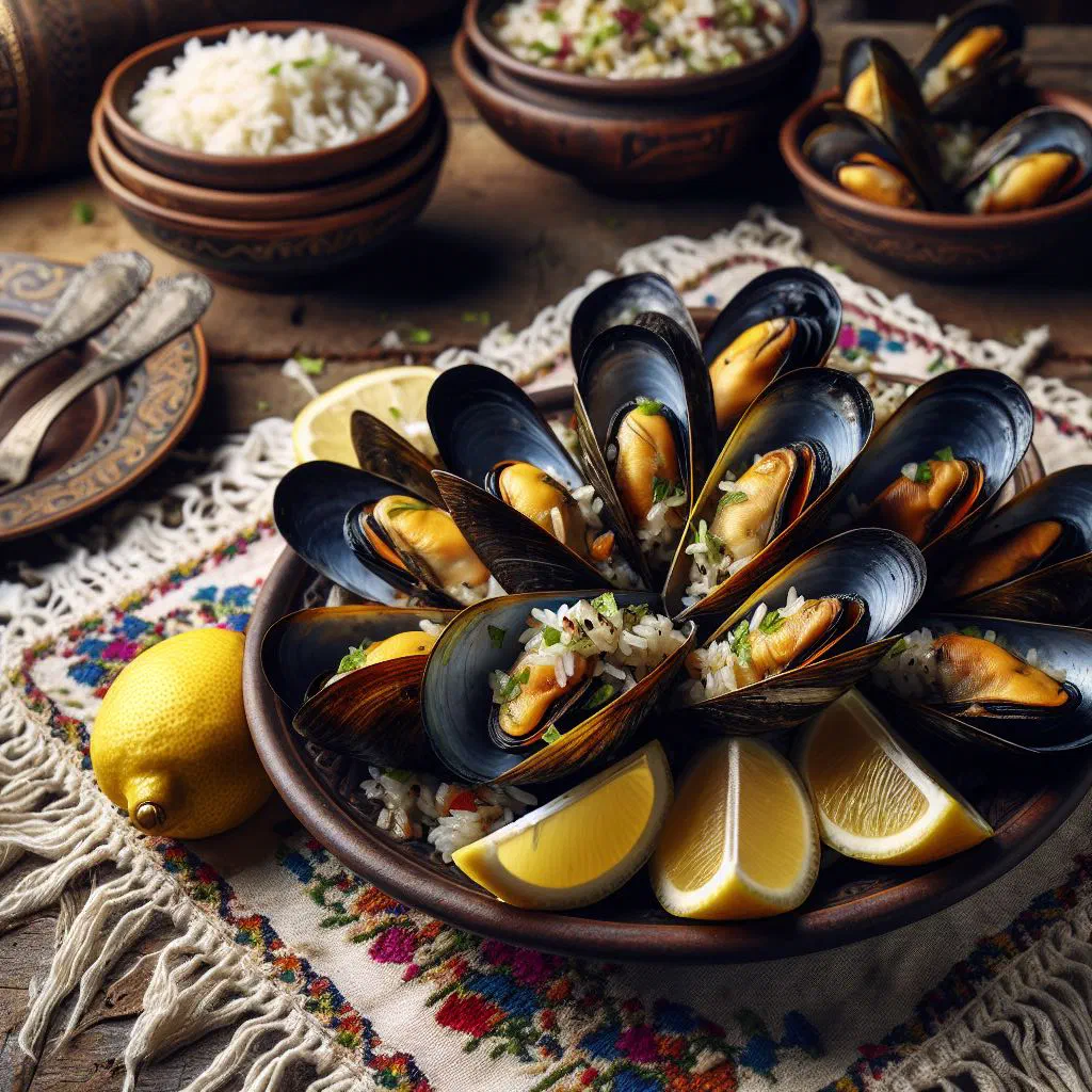 Stuffed mussels filled with spiced rice and served with lemon wedges