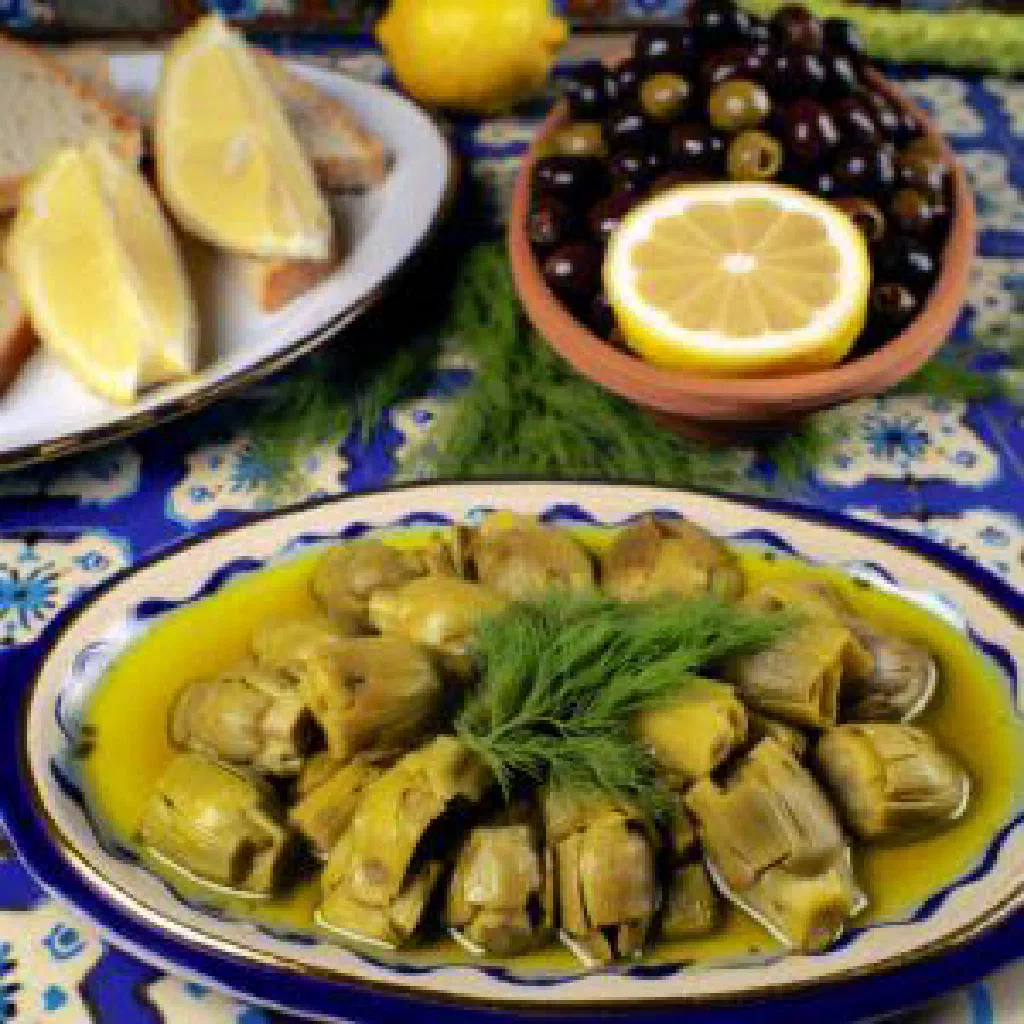 Olive oil-braised artichokes with carrots, garnished with fresh parsley and lemon