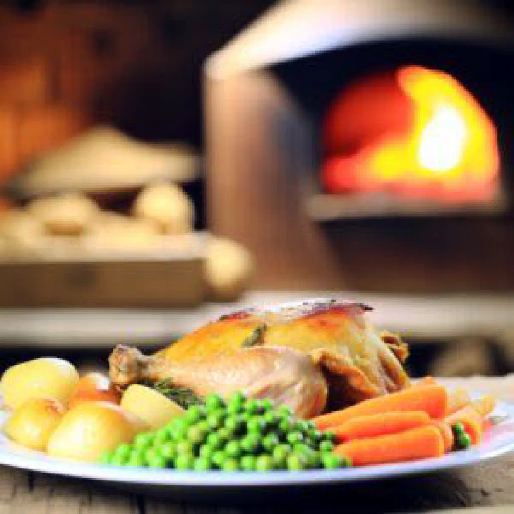 Golden oven-baked Turkish chicken with roasted vegetables in a dish