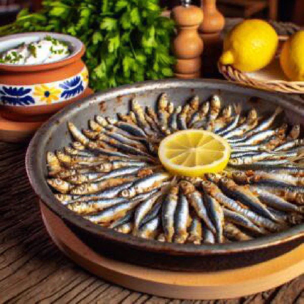 Crisp golden pan-fried anchovies served with lemon wedges