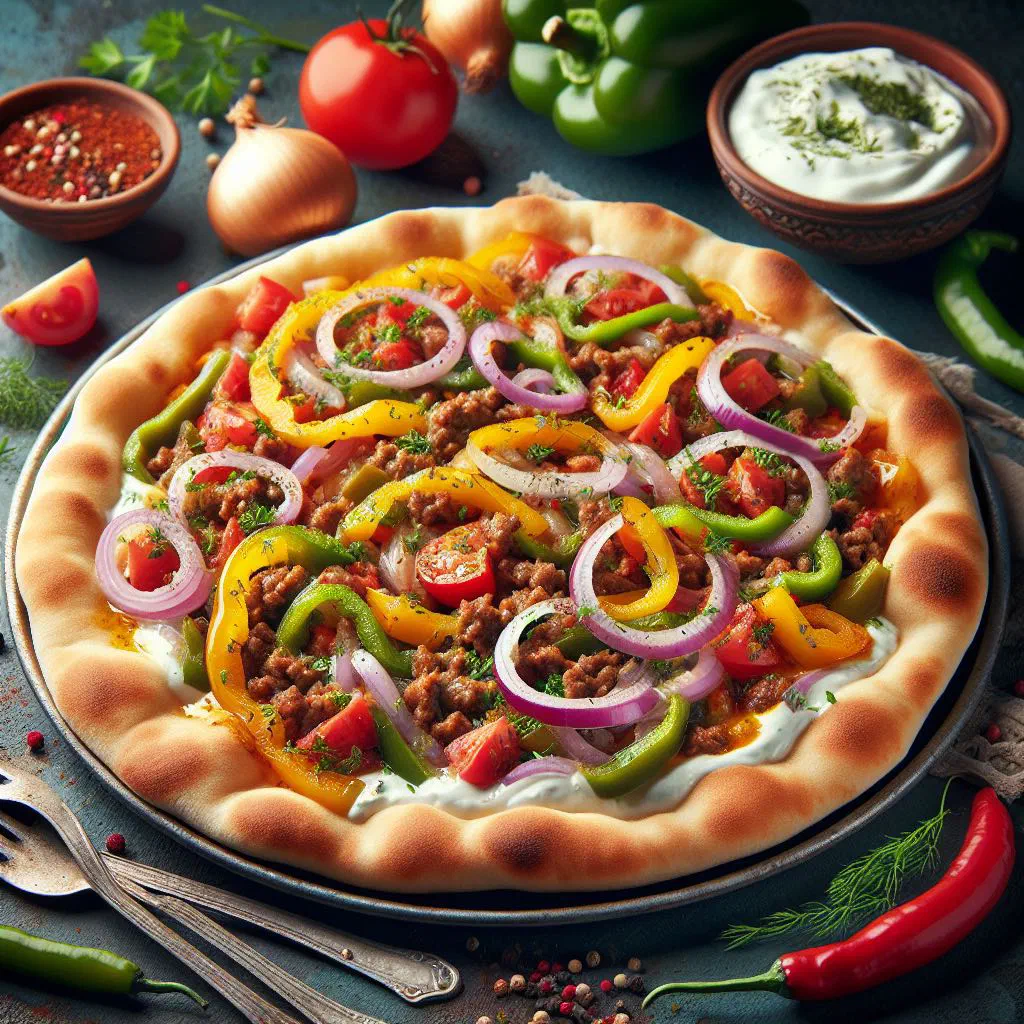 Boat-shaped Turkish pide filled with spiced minced meat and vegetables