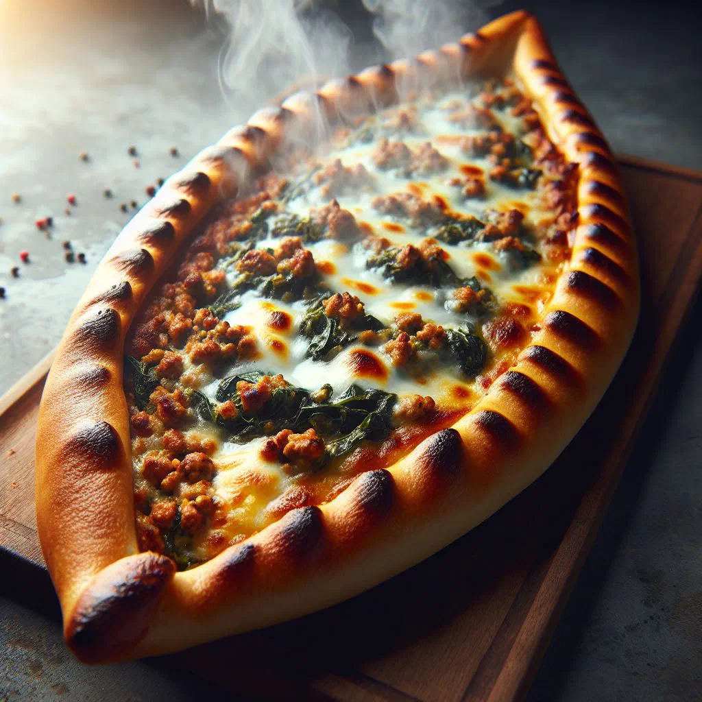 Boat-shaped Turkish pide topped with spiced minced meat and melted cheese