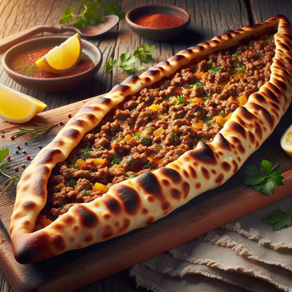 Boat-shaped Turkish pide filled with spiced minced meat and onions