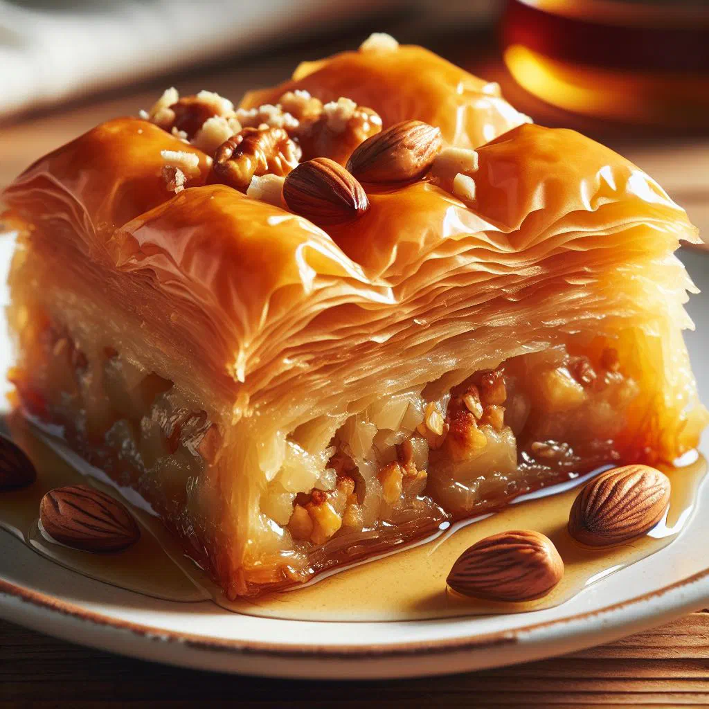 Pistachio baklava cut into diamonds with golden syrup glaze