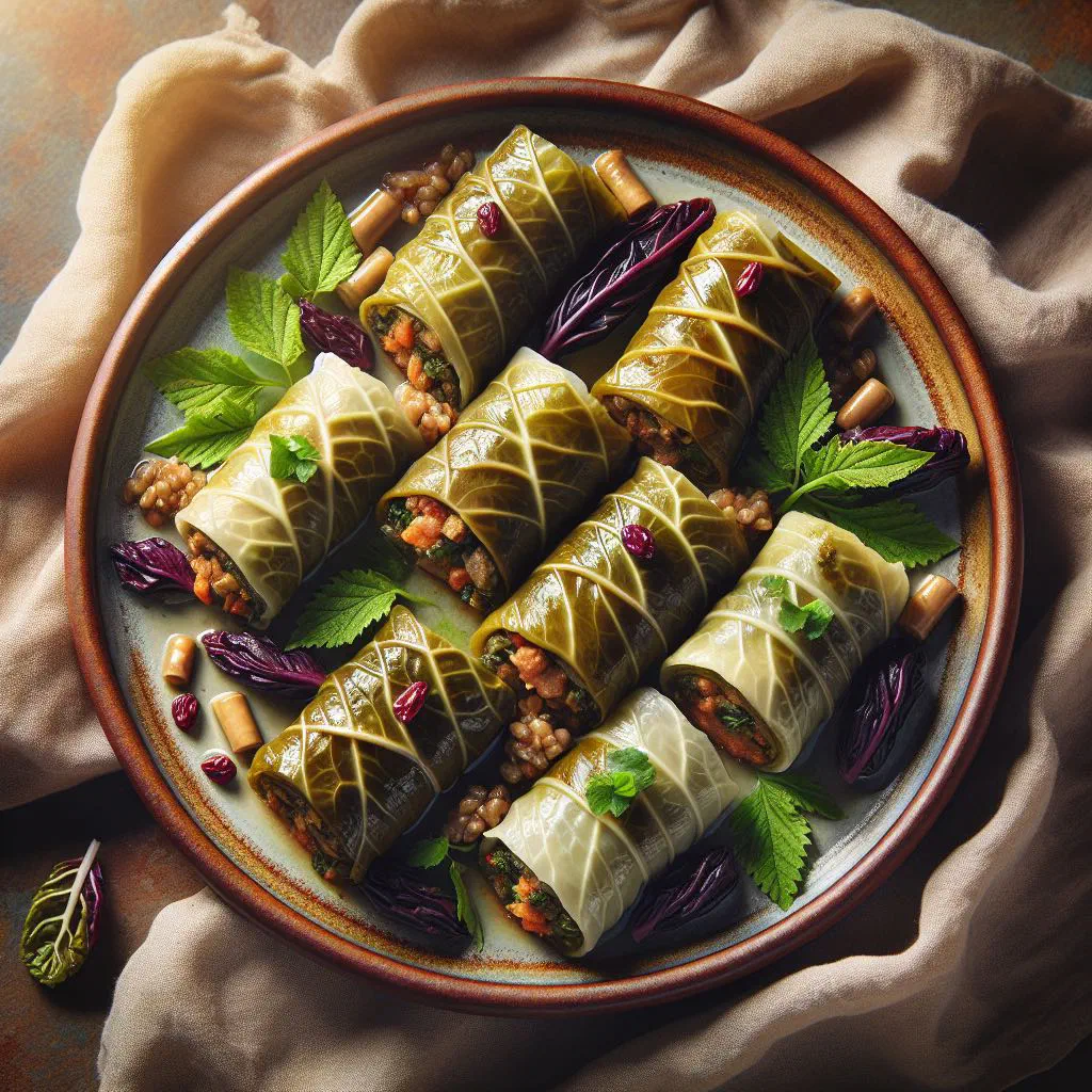 Stuffed vine leaves arranged on a plate with lemon wedges