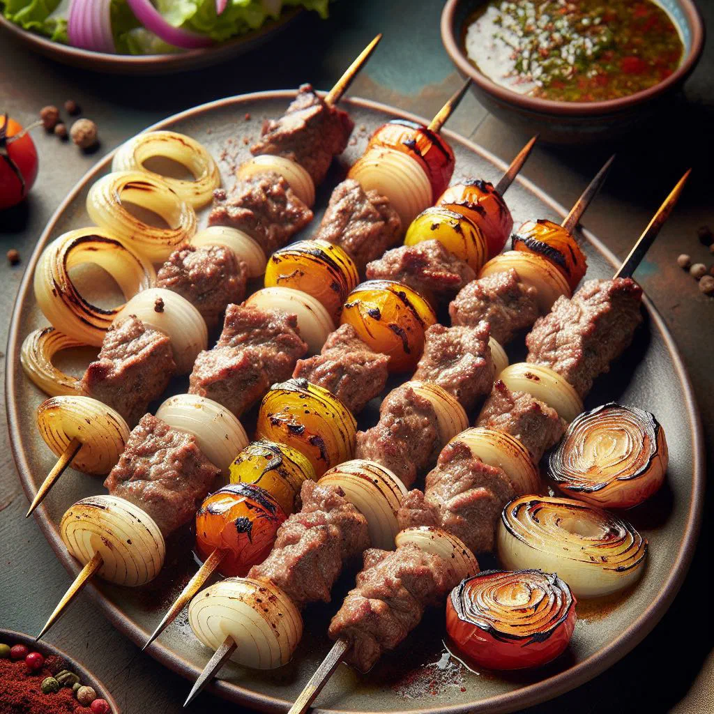 Grilled lamb and onion skewers served with flatbread