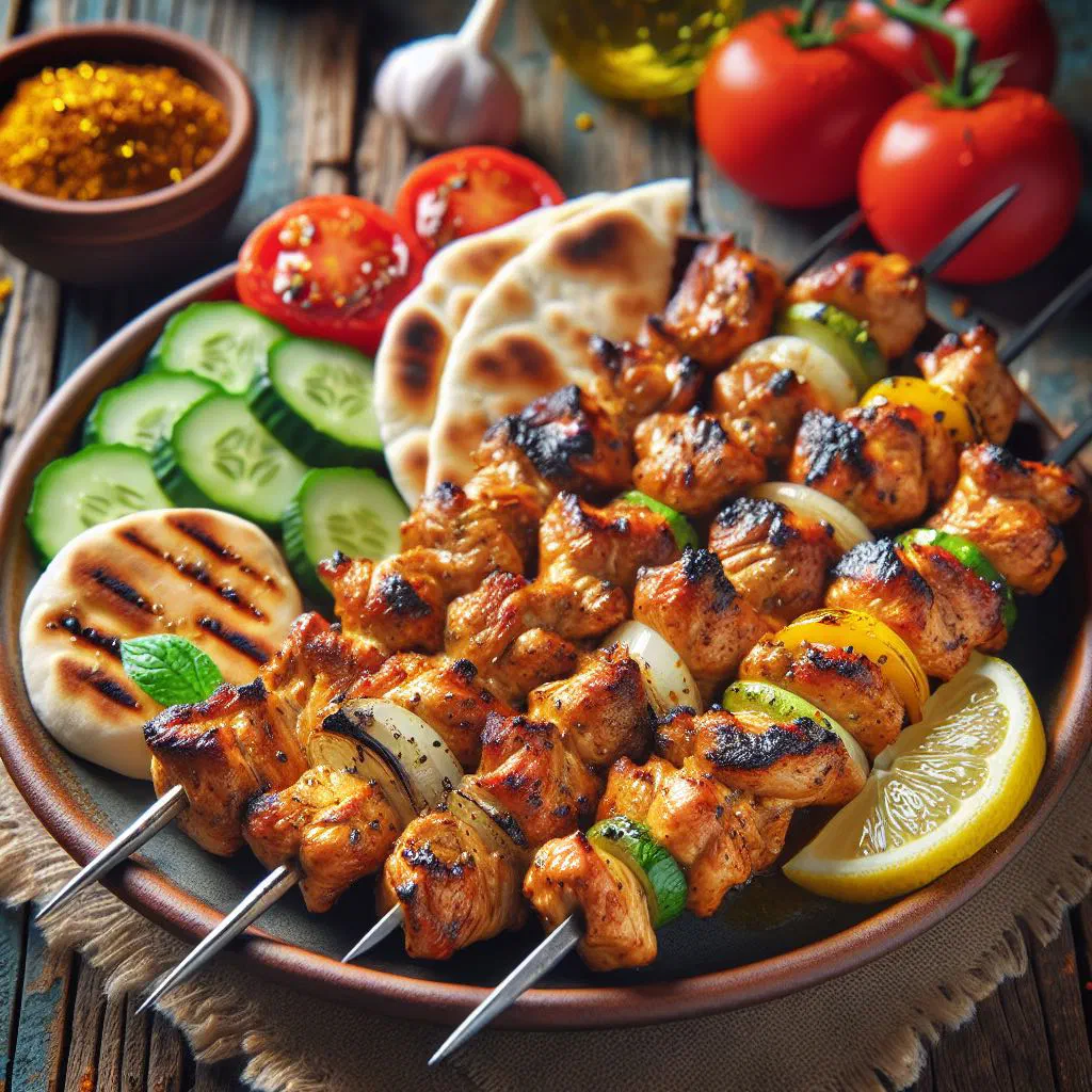 Grilled marinated chicken skewers with peppers and onions