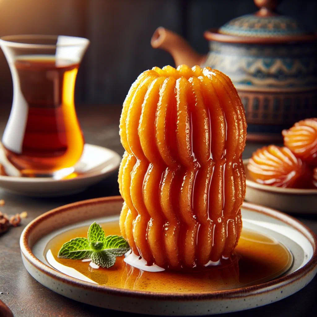 Golden ridged tulumba tatlısı pieces soaked in sweet syrup