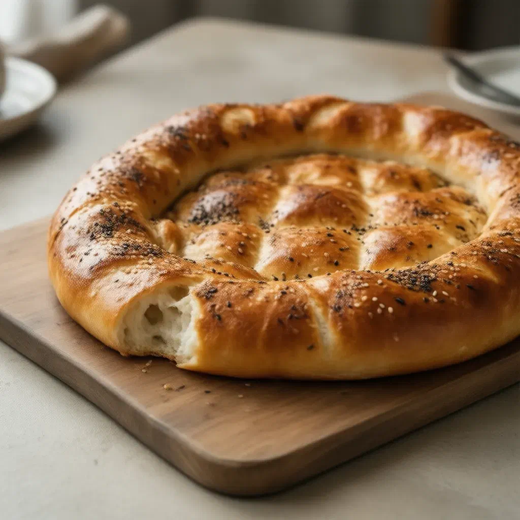 Soft oval Turkish flatbread with a glossy crust, diamond pattern, sesame and nigella seeds