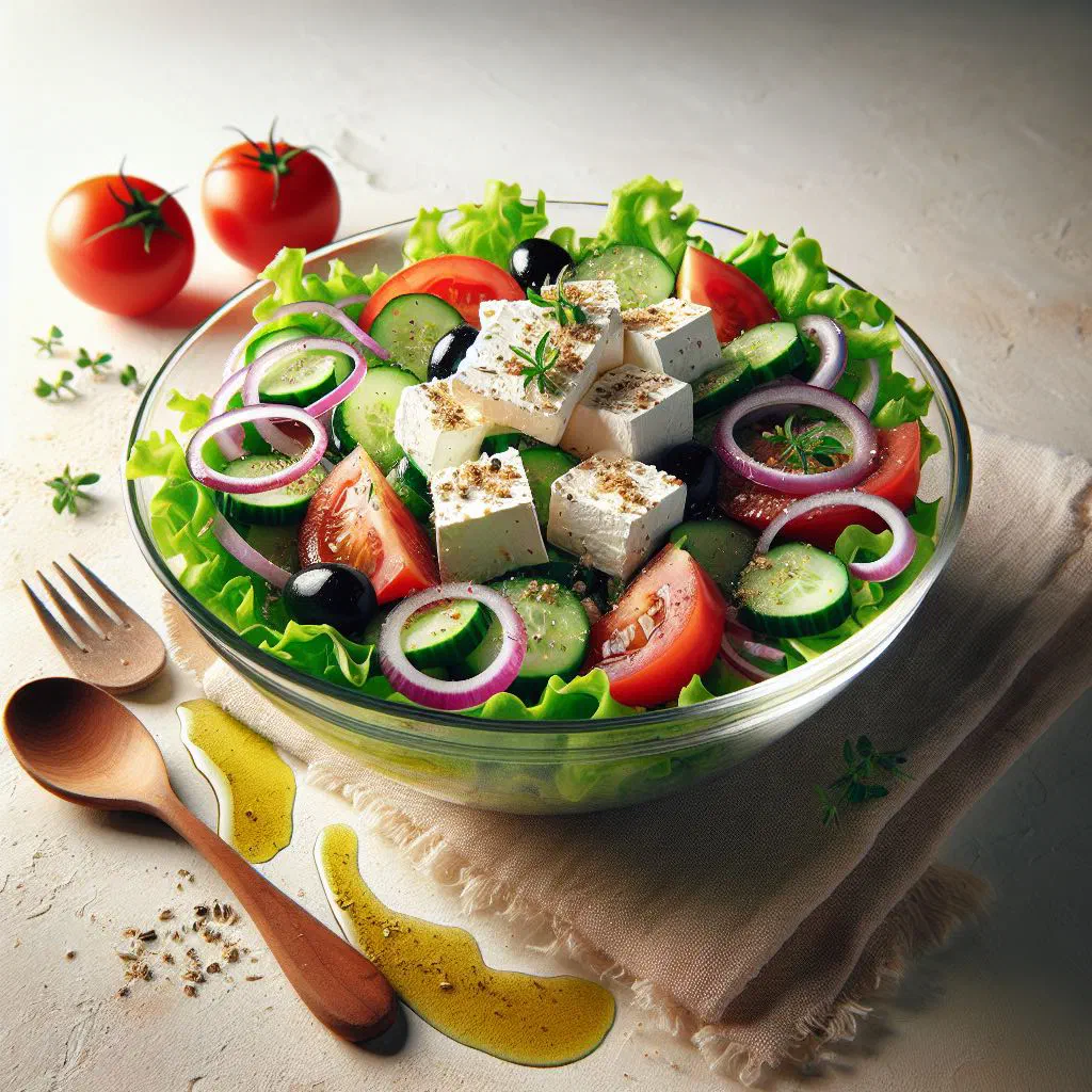 White cheese salad with tomato, cucumber, red onion and black olives