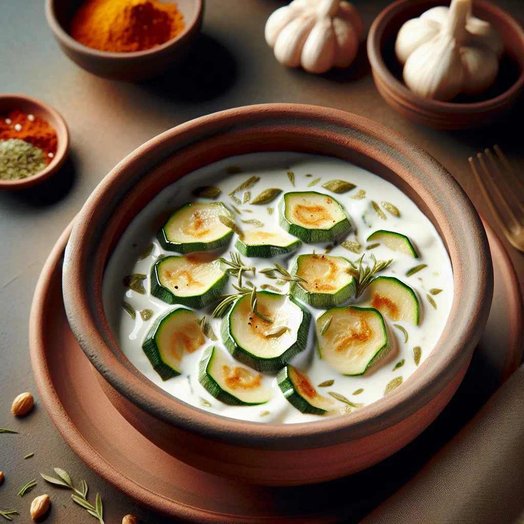 Pan-fried courgette slices topped with creamy garlic yoghurt and fresh herbs