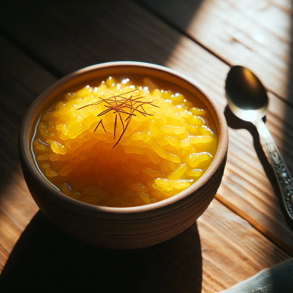 Golden zerde rice pudding garnished with pistachios and almonds in a glass bowl