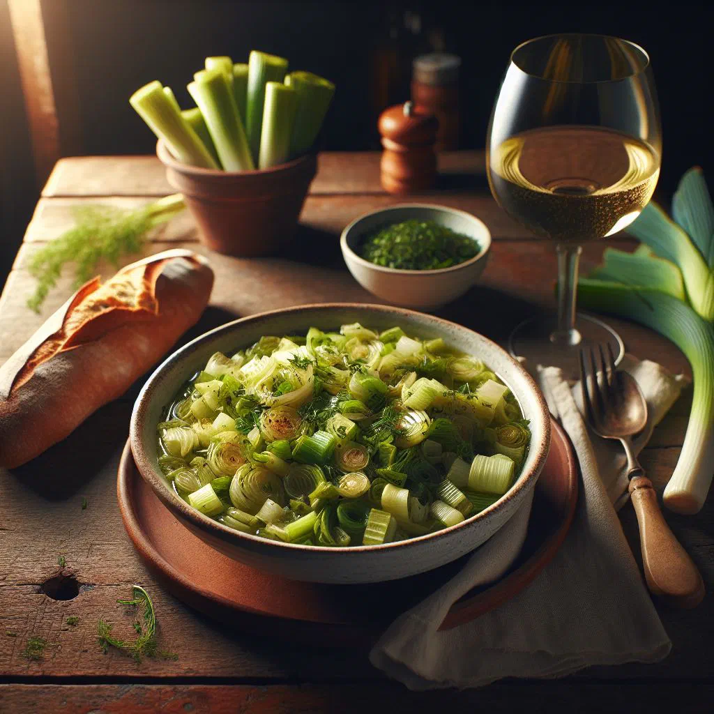 Braised leeks and carrots in olive oil garnished with fresh parsley and lemon