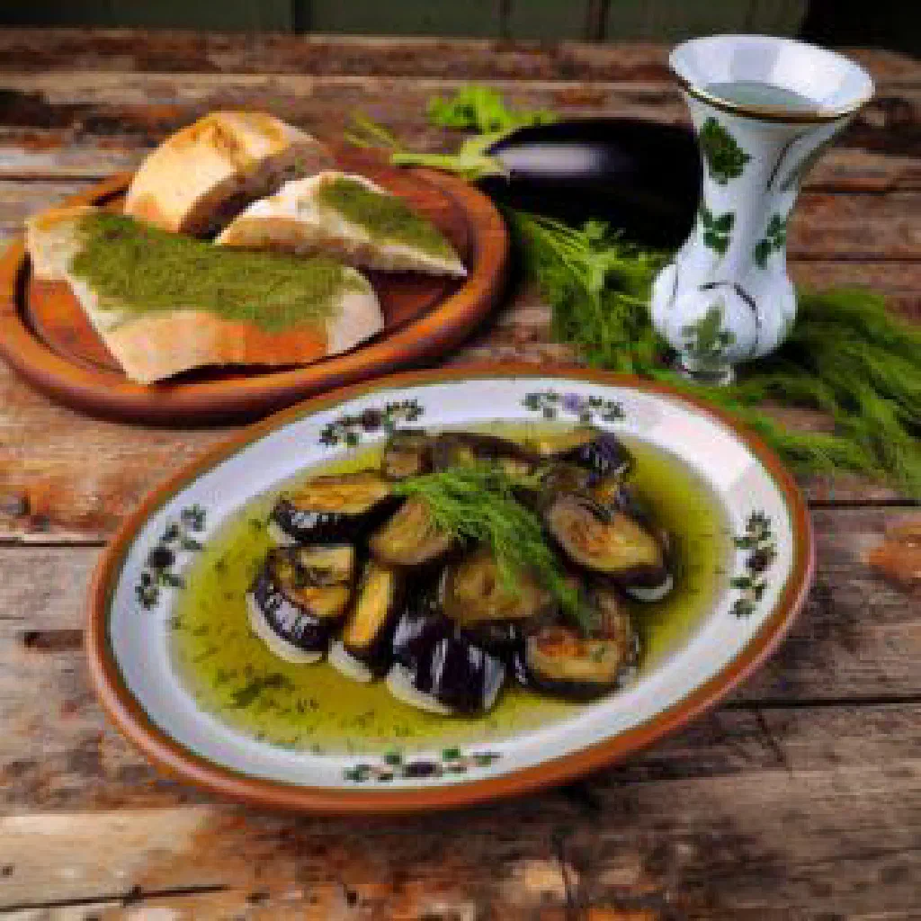 Zeytinyağlı patlıcan, braised aubergines in olive oil and tomato, garnished with parsley