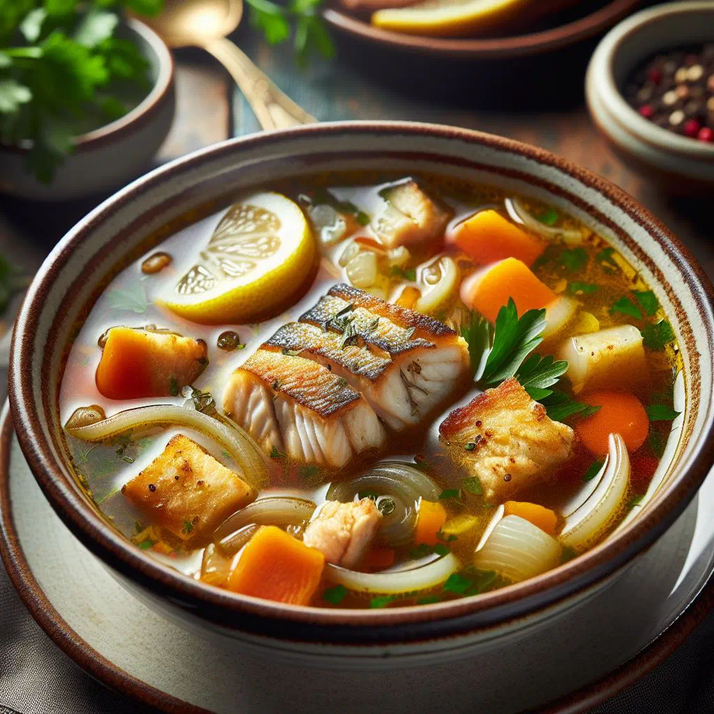 A bowl of Turkmen balyk çorba fish soup garnished with fresh dill