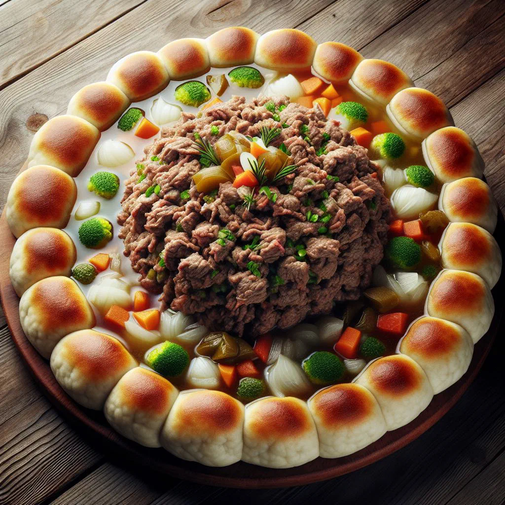 Beshbarmak with tender meat and flat noodles on a large platter