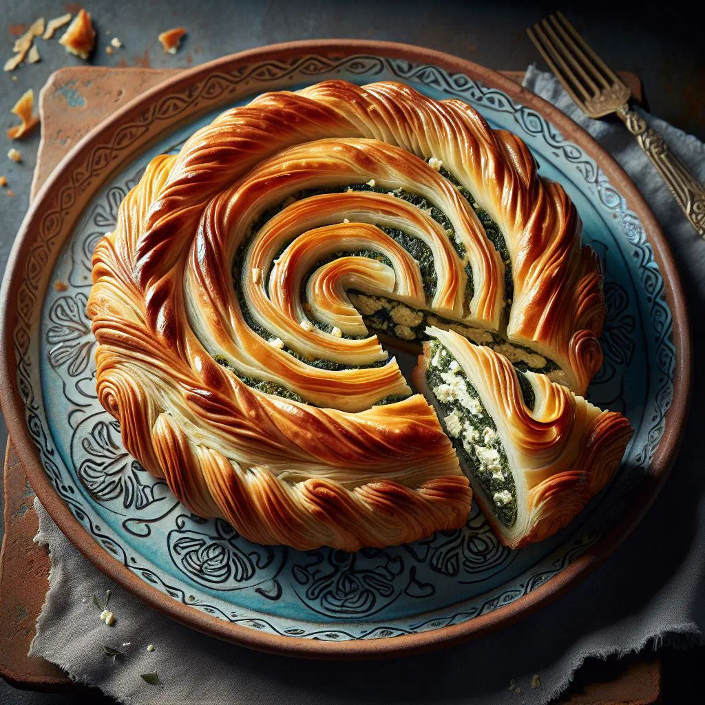 Golden baked Turkmen börek pastries filled with meat and spinach