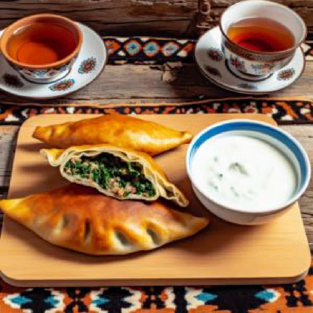 Golden fried Turkmen borak dumplings served with yoghurt