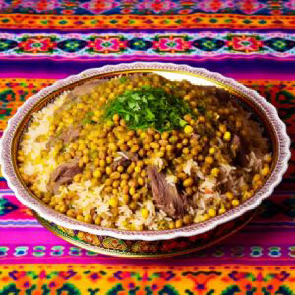 Turkmen bugday asy rice with tender meat and carrots in a bowl