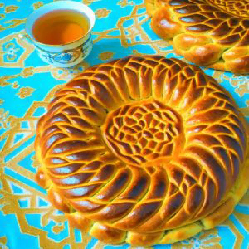 Round loaf of Turkmen chorek bread with a golden, crisp crust