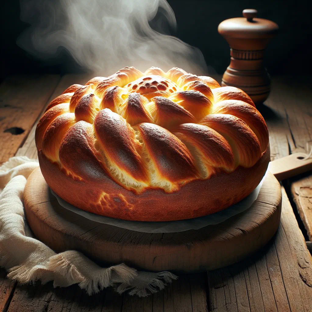 Round golden Turkmen churek flatbread with a crisp crust