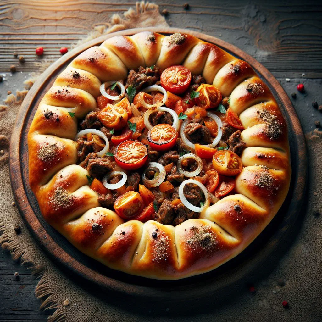 Golden Turkmen stuffed bread garnished with fresh herbs