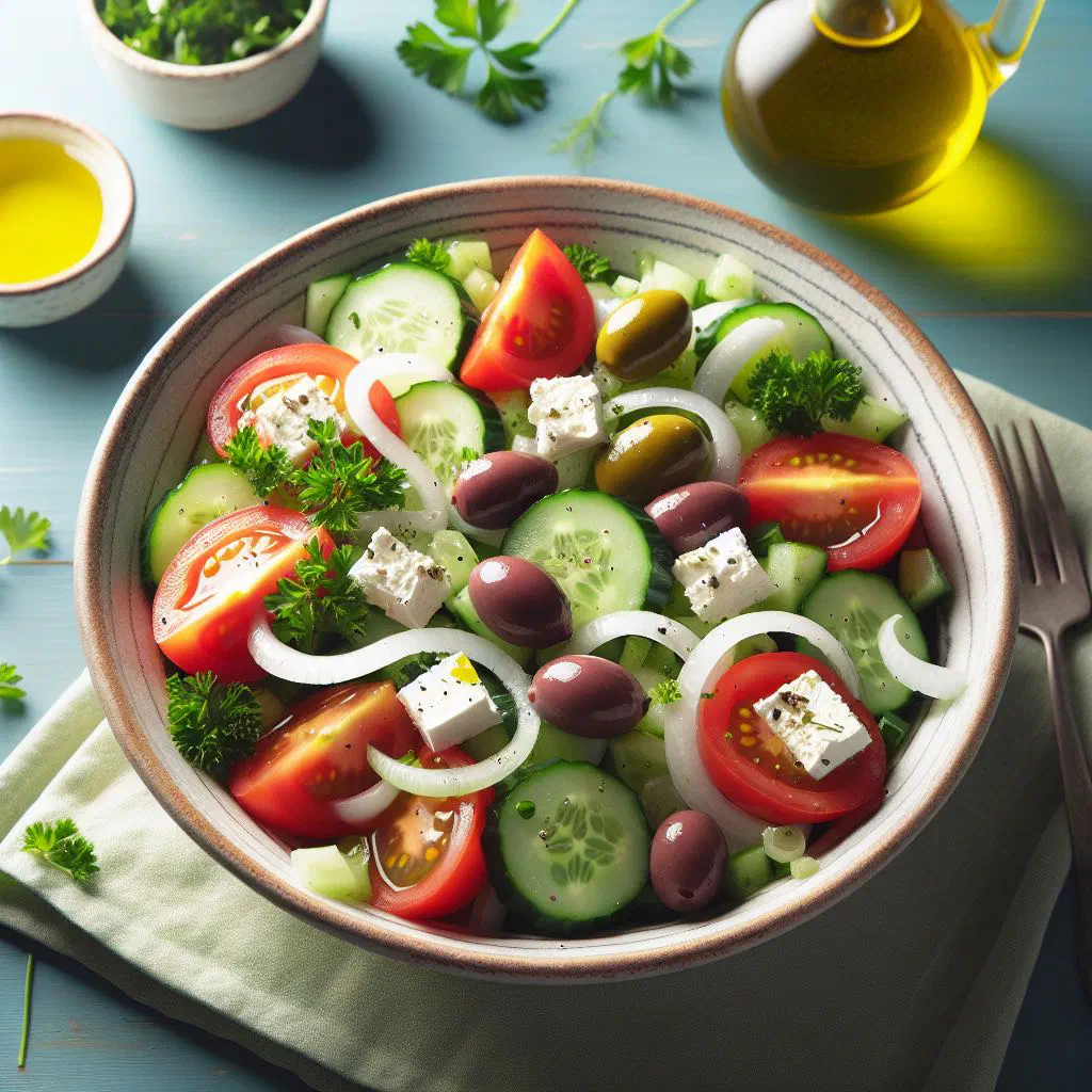 Bowl of colourful Turkmen shepherd's salad with diced tomato, cucumber and peppers